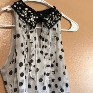 Black and white polka dot jeweled collar blouse